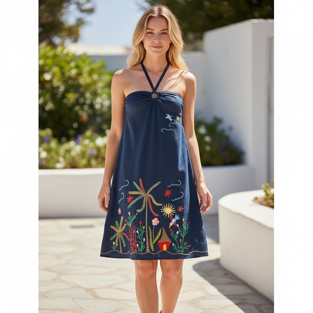 Tibi Navy Blue Embroidered Tropical Halter Dress Palm Tree Sun Linen Blend